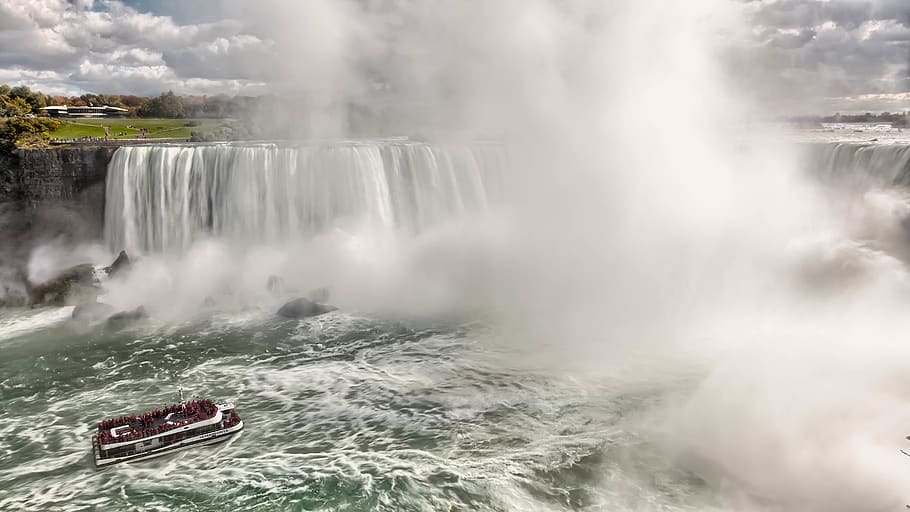 Boat Near Waterfalls during Daytime, fog, mist, rapids, splash HD wallpaper