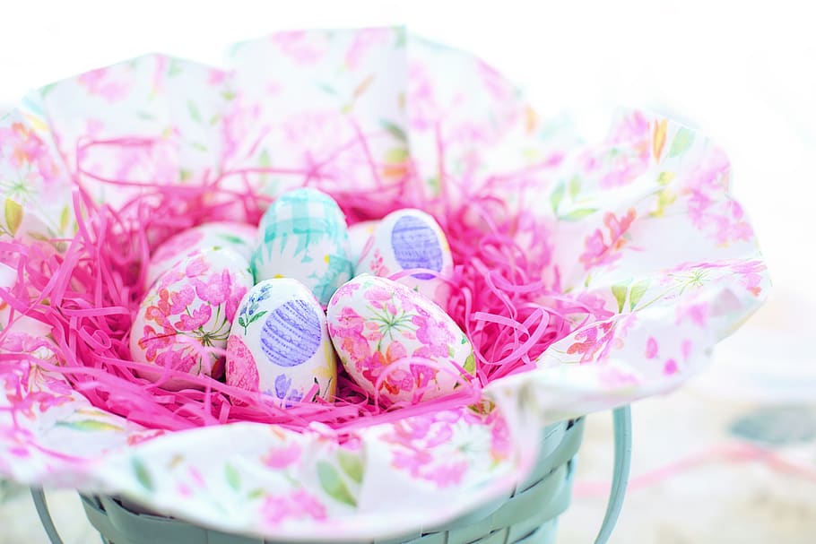easter, basket, eggs, decoupage eggs, spring, colorful, pastels, HD wallpaper