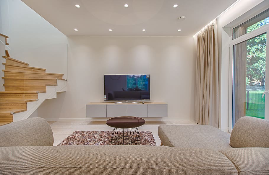 Flat Screen Tv, ceiling, comfort, contemporary, couch, curtain HD wallpaper