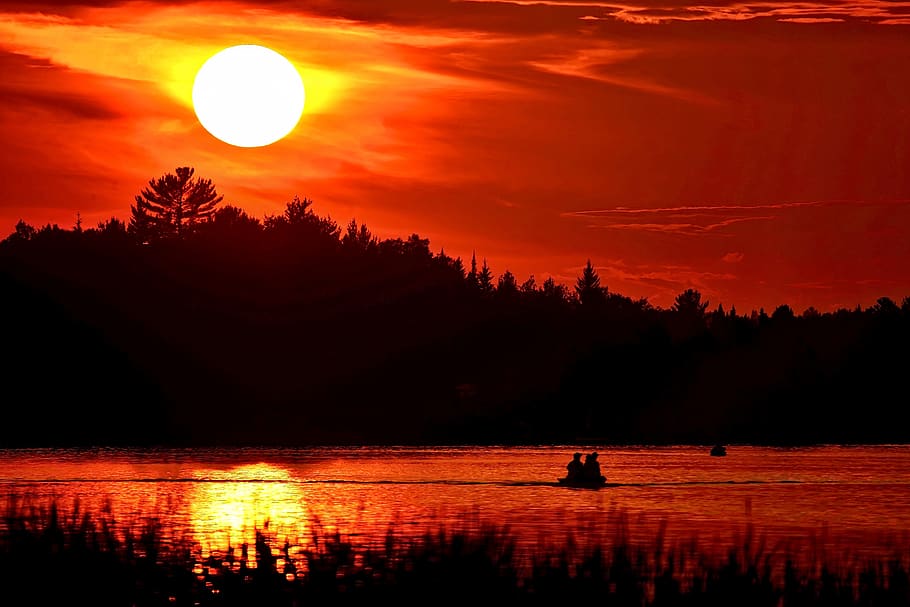 Silhouette of Mountain Beside Body of Water, boat, clouds, dawn HD wallpaper
