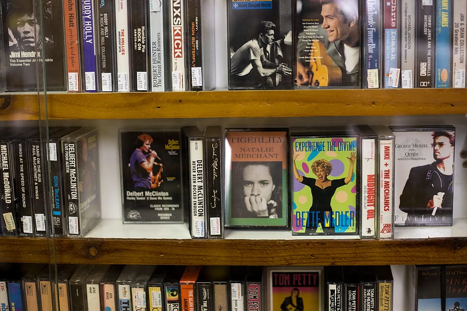 cassette collection in shelves, tape, shelf, cassette tape, retro, HD wallpaper