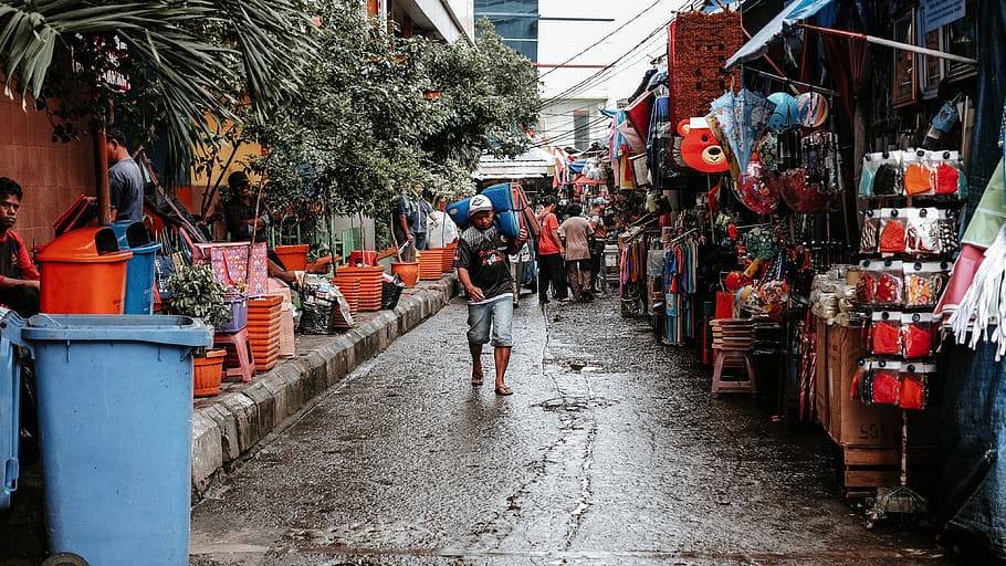 blue garbage can, human, person, market, shop, bazaar, undershirt HD wallpaper