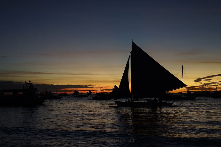 sunset, boracay, ocean, sky, clouds, light, water, nautical vessel HD wallpaper