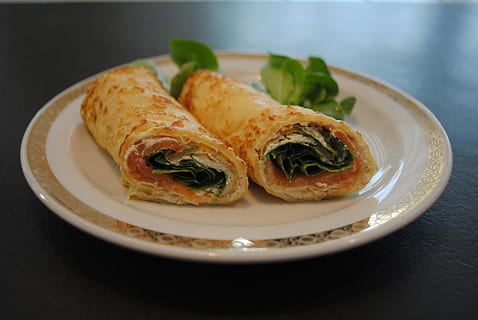 blini, salmon, pancakes, ready-to-eat, plate, food, food and drink HD wallpaper
