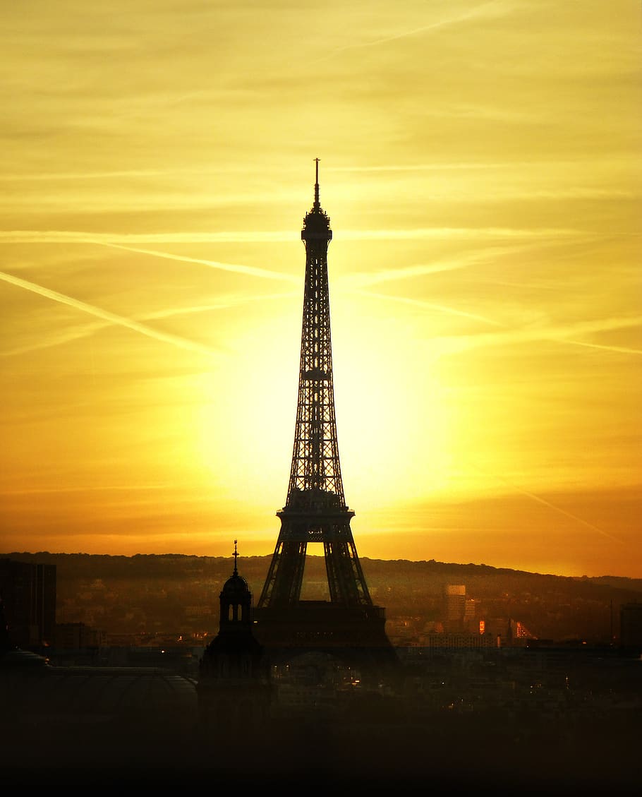eiffel tower, sunset, sky, architecture, silhouette, afterglow