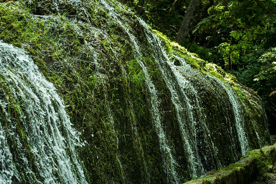 waterfall, stone monastery, nature, trees, plants, river, landscape HD wallpaper