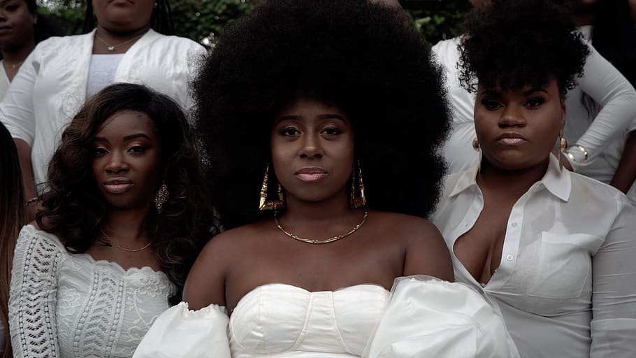 women wearing white tops, hair, afro hairstyle, human, person
