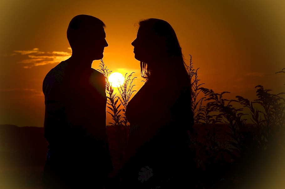 Silhouette of Man and Woman during Sunset, couple, dawn, love, HD wallpaper