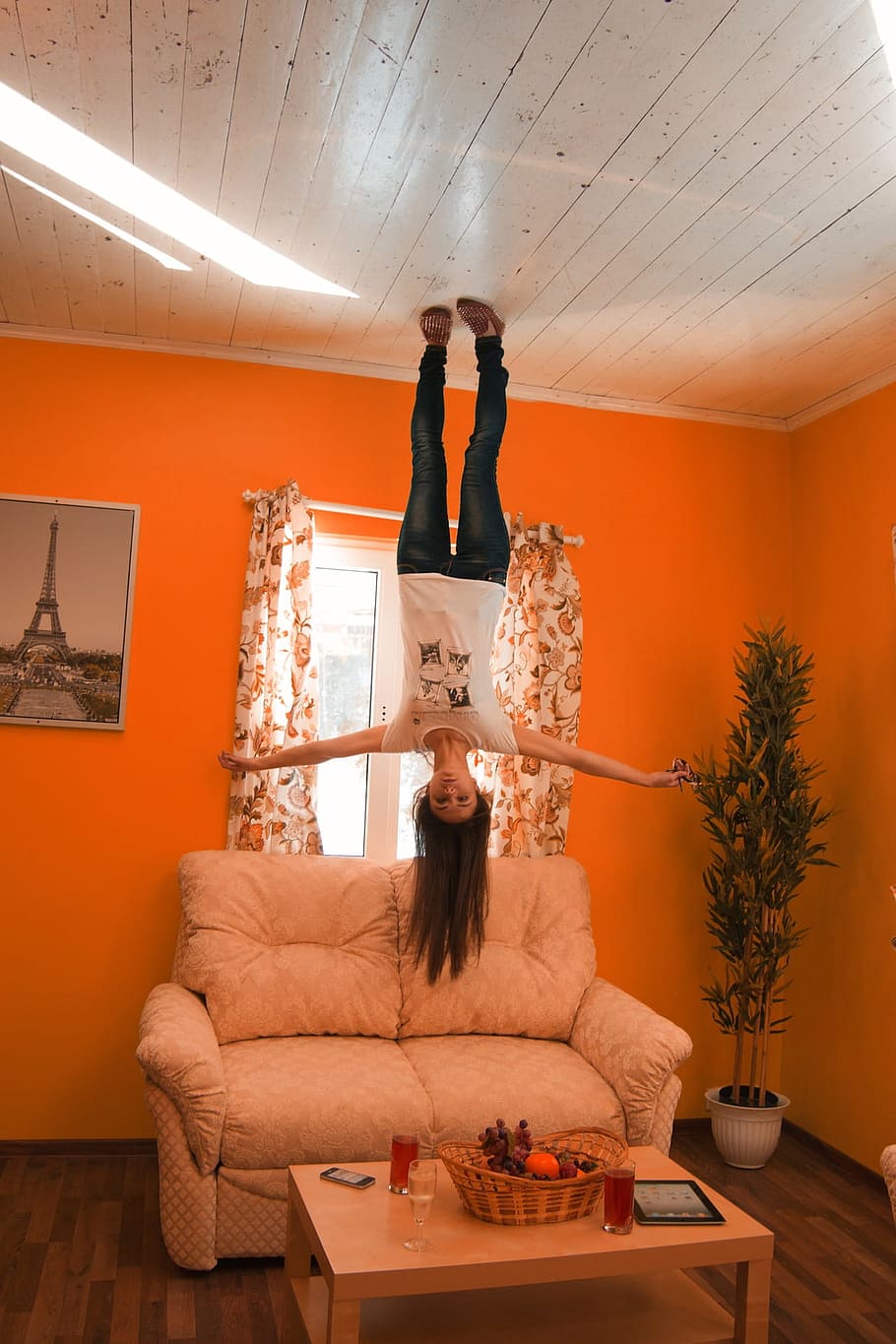upside, down, ceiling, high, house, residence, woman, girl HD wallpaper