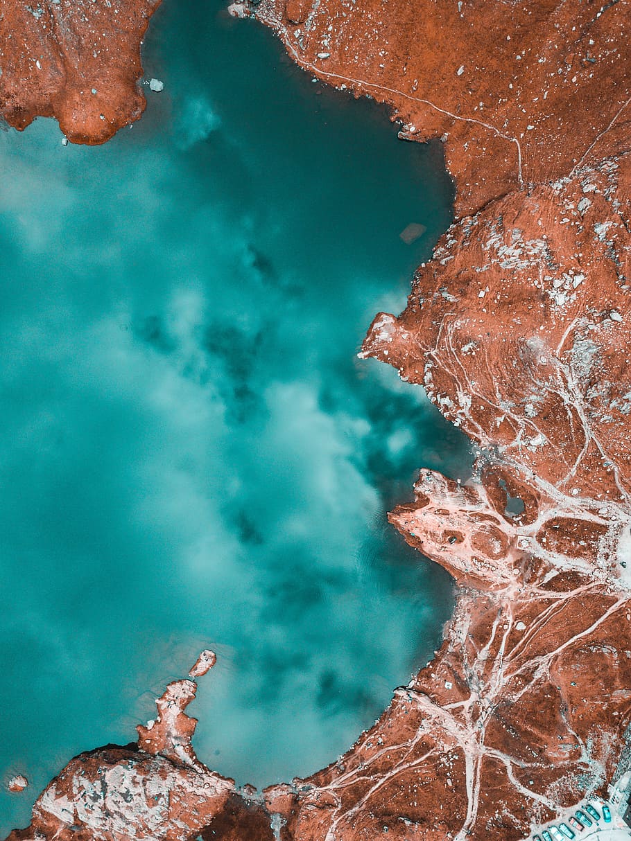 aerial view of seashore, lake, rock, red, cloud, reflection, still HD wallpaper