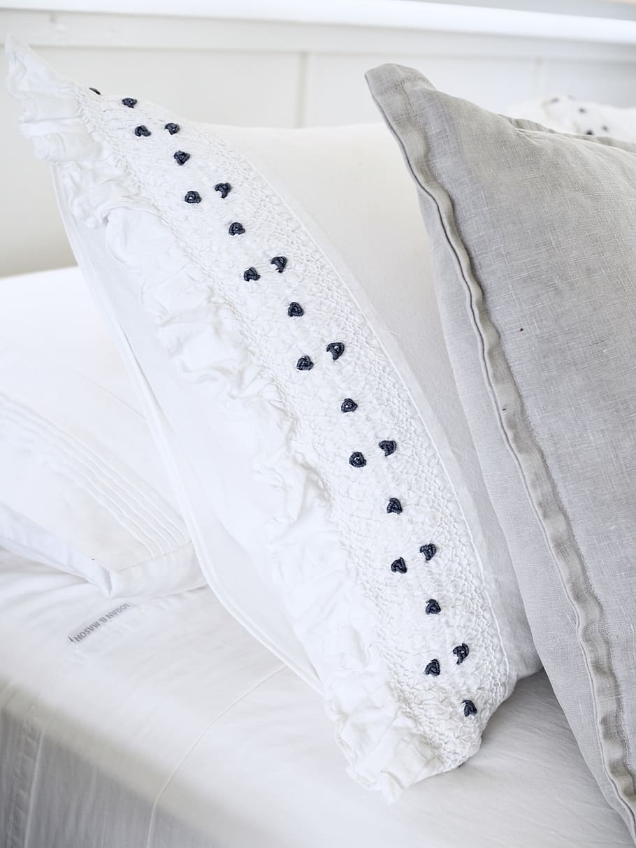 white and grey pillows, home decor, clothing, apparel, cushion HD wallpaper
