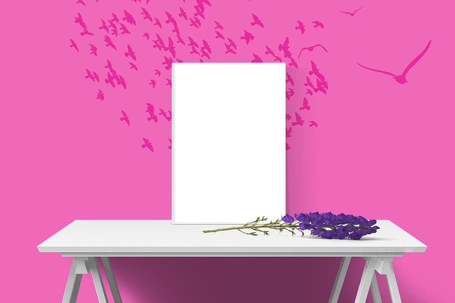 poster, frame, wall, desk, bell flower, pink color, plant, purple HD wallpaper