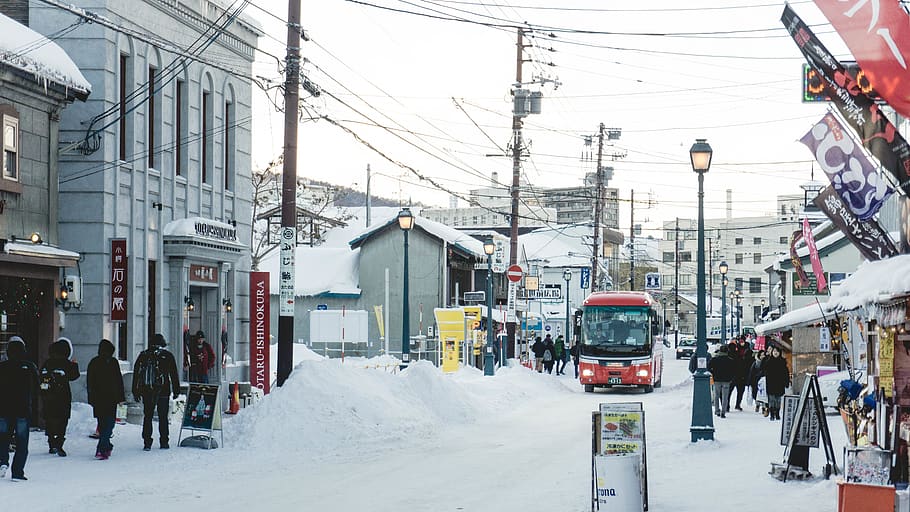 japan, otaru, snow, winter, bus, hokkaido, cityscape, walk