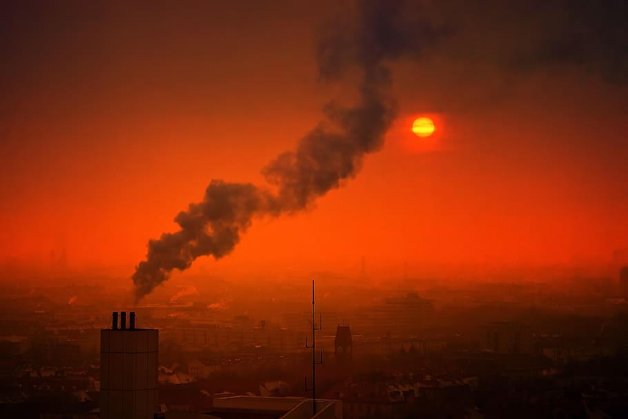 smoke, pollution, sunset, smog, air pollution, red, orange, HD wallpaper