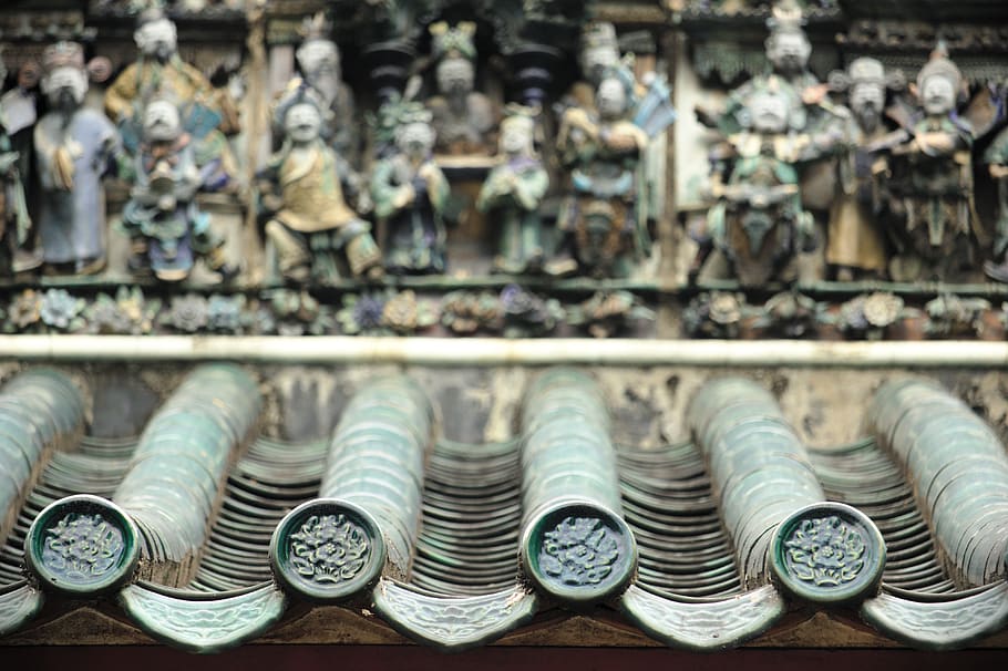 assorted ceramic figurine collections, temple, roof, large group of objects HD wallpaper