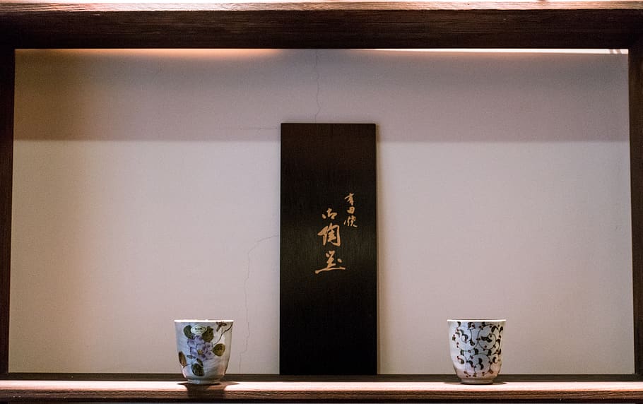 cup, coffee cup, shelf, calligraphy, pottery, china, asia, asian HD wallpaper