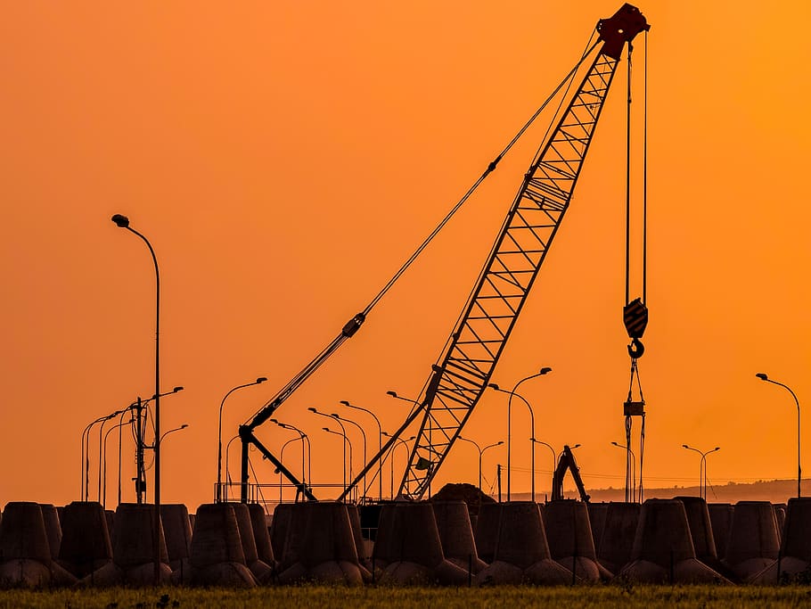 sunset, crane, pylons, industry, machine, construction site HD wallpaper