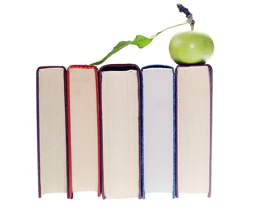 books, apple, learning, school, education, five, white background HD wallpaper