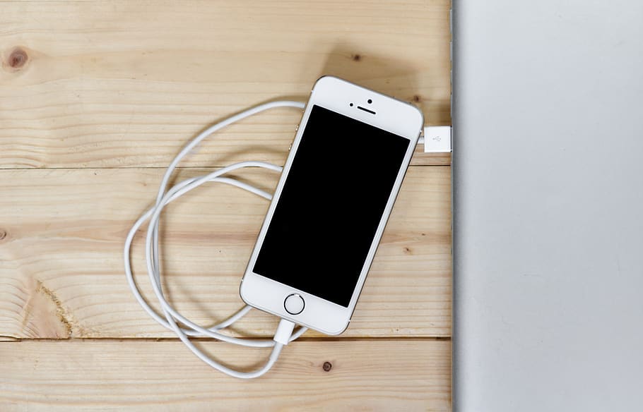 Silver Iphone 5s With Cable, apple, charging, connection, connector, HD wallpaper