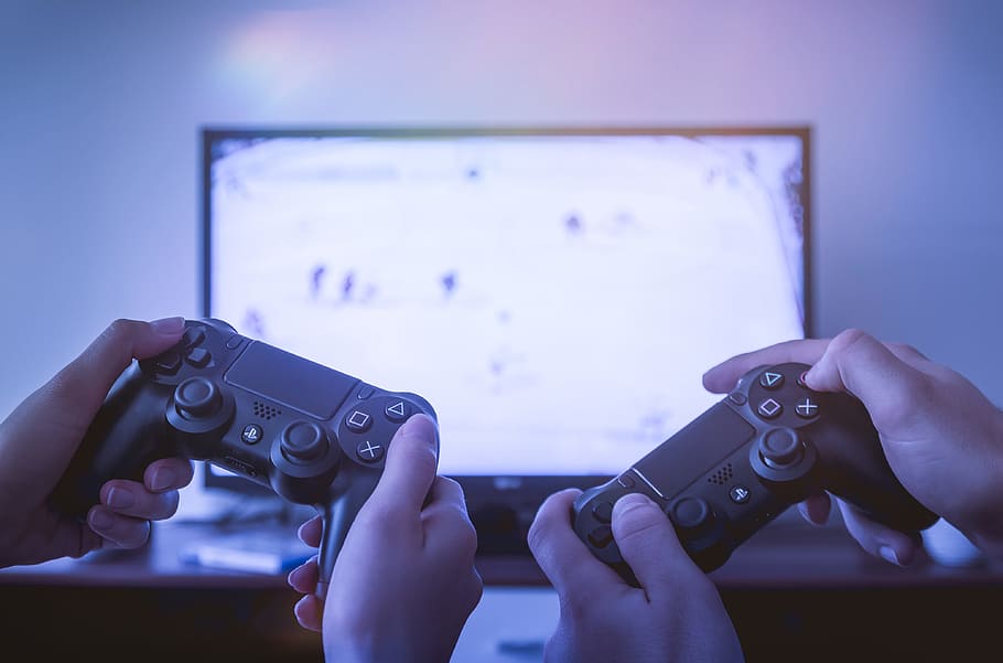 Two players playing video games on TV at home, technology, human hand, HD wallpaper