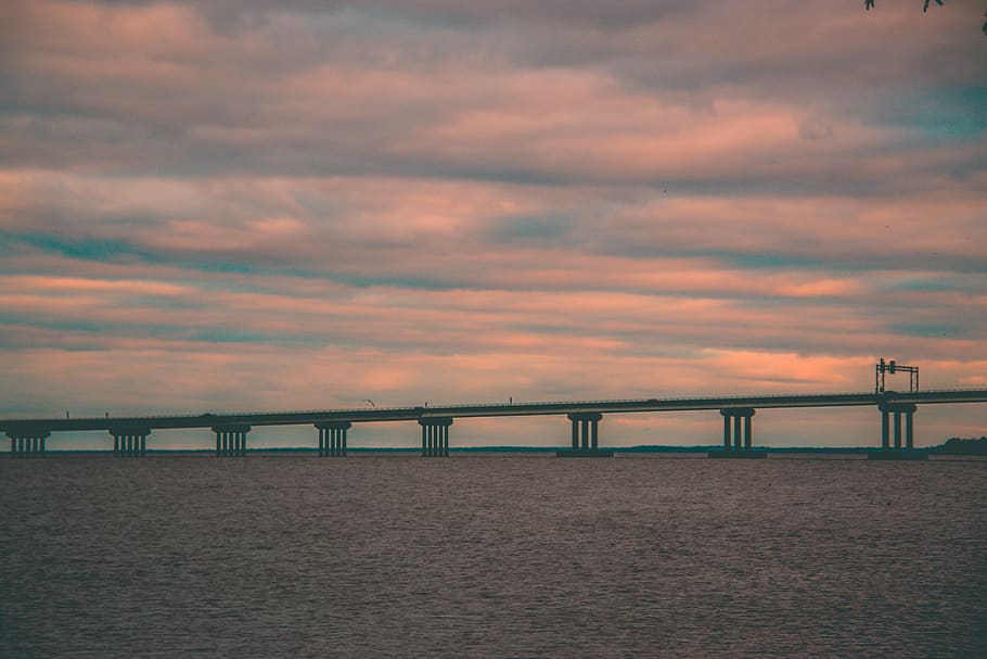 Bridge, architecture, clouds, dawn, daylight, infrastructure HD wallpaper