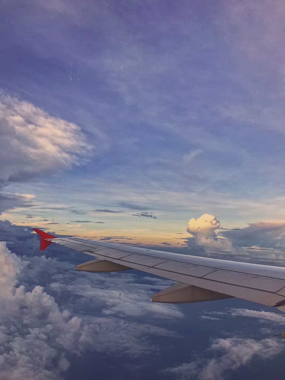 colorful, sunset, blue, clouds, colors, colours, fly, sky, plane HD wallpaper