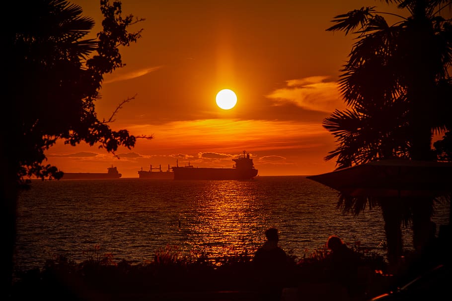 Ship on Body of Water during Sunset, backlit, beach, clouds, cruise ship HD wallpaper