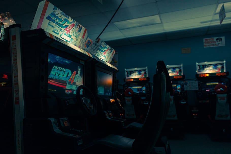 arcade machines, illuminated, night, rear view, one person, lifestyles, HD wallpaper