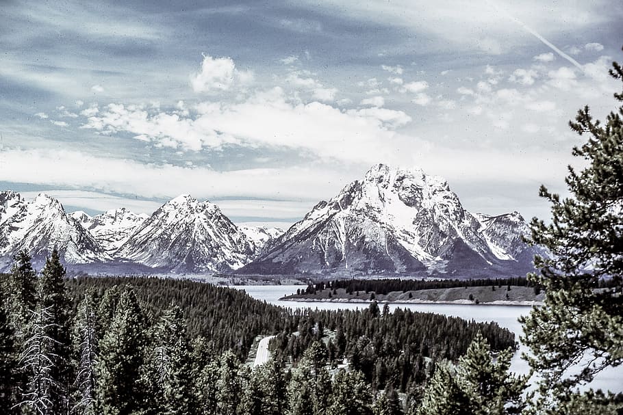 View of trees, river and snow capped mountains, cloud, clouds HD wallpaper