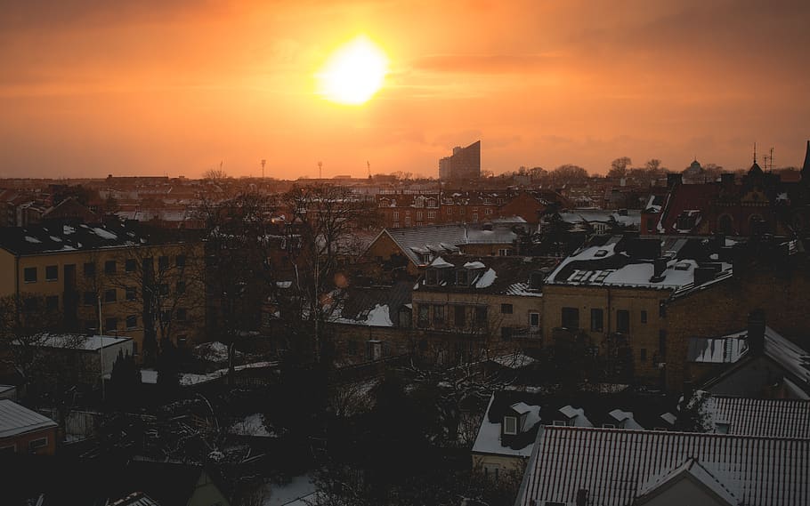 sweden, lund, snow, sunset, rooftops, winter, cozy, town, roofterrace HD wallpaper