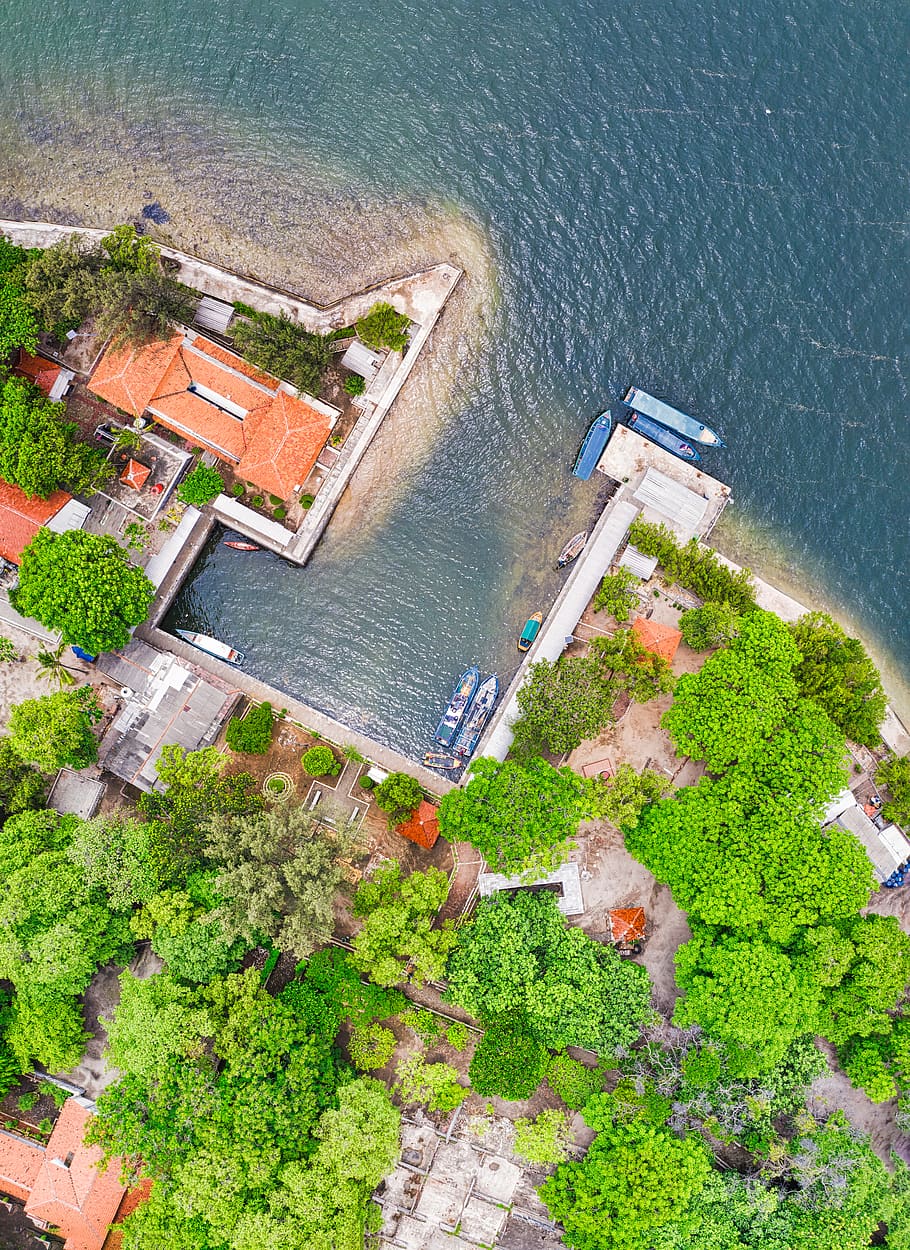 Village Beside Body of Water, aerial photography, aerial shot