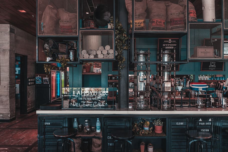 bar counter with stools, large group of objects, shelf, arrangement HD wallpaper
