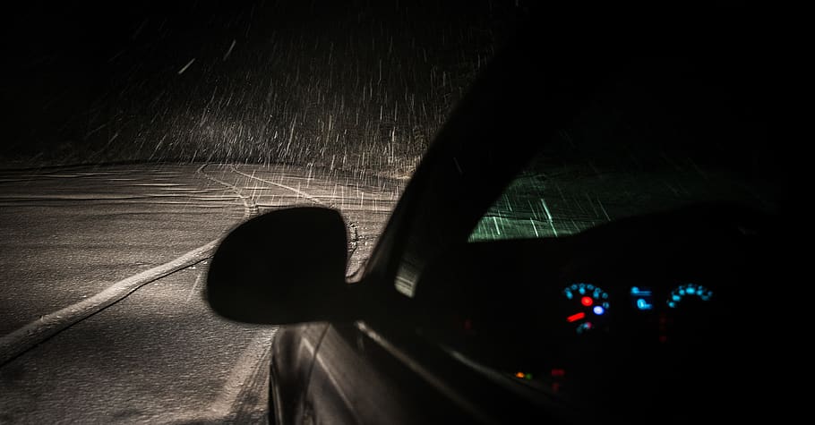 Black Car on Roadway While Raining during Nighttime, dark, drive