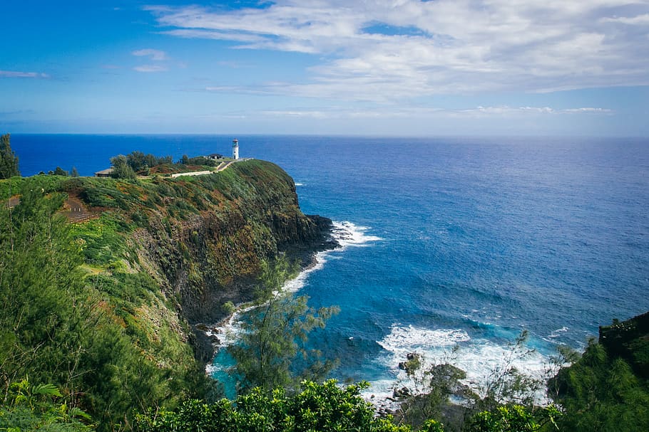 lighthouse, hawaii, kauai, green, nature, rocks, cliff, sea