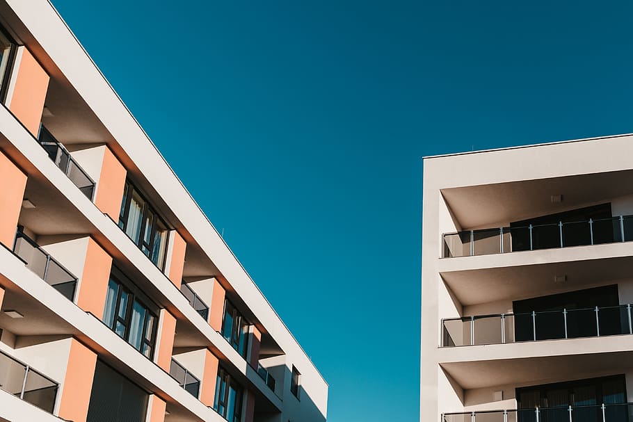 two white concrete buildings, sky, balcony, window, glass, street HD wallpaper