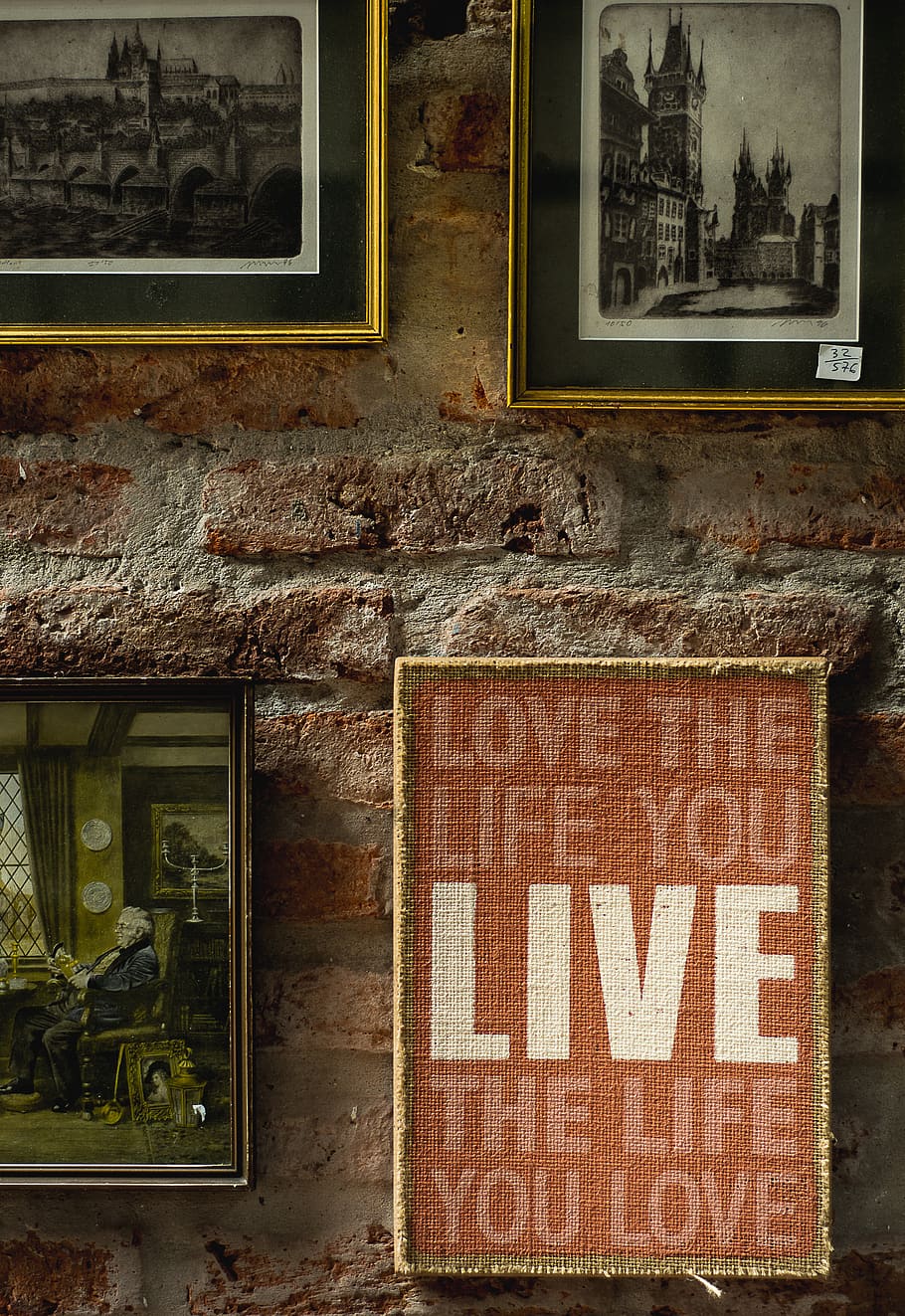Orange and White Quoted Wall Decor, brick texture, brick wall HD wallpaper