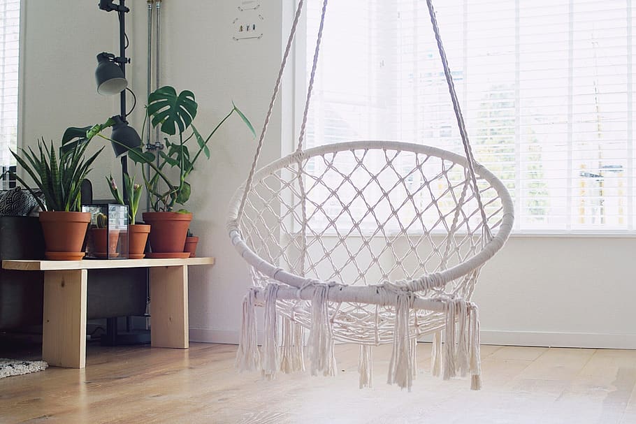white hanging chair, window, seat, potted plant, table, indoors HD wallpaper