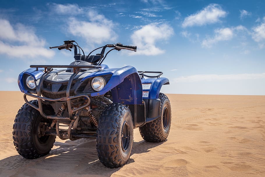 blue ATV on desert, land, mode of transportation, sky, sand, cloud - sky HD wallpaper