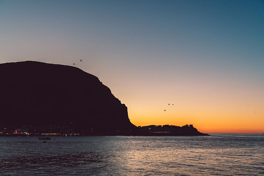sunset, boat, lights, birds, sky, mountains, water, sea, scenics - nature HD wallpaper