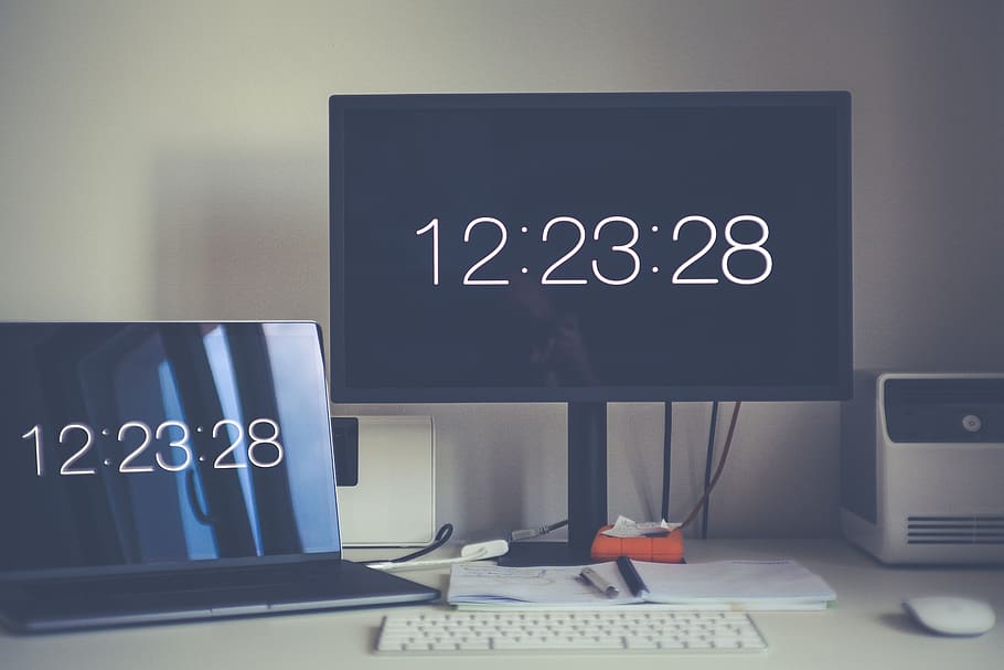 Monitor Displaying 12:23:28, black, brightness, connection, contemporary