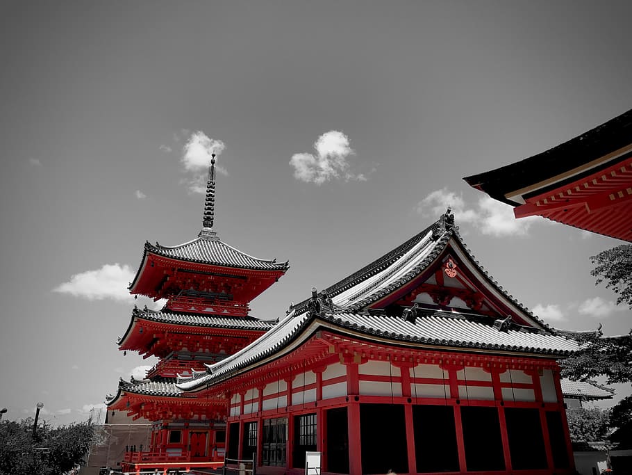 japan, kyōto-shi, kiyomizu-dera, red, one color, monochrome