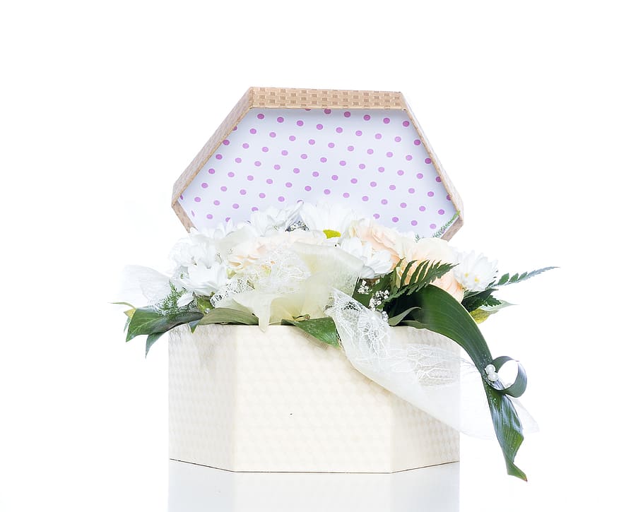 White Flowers Inside Gift Box, artistic, beautiful, bloom, blooming HD wallpaper