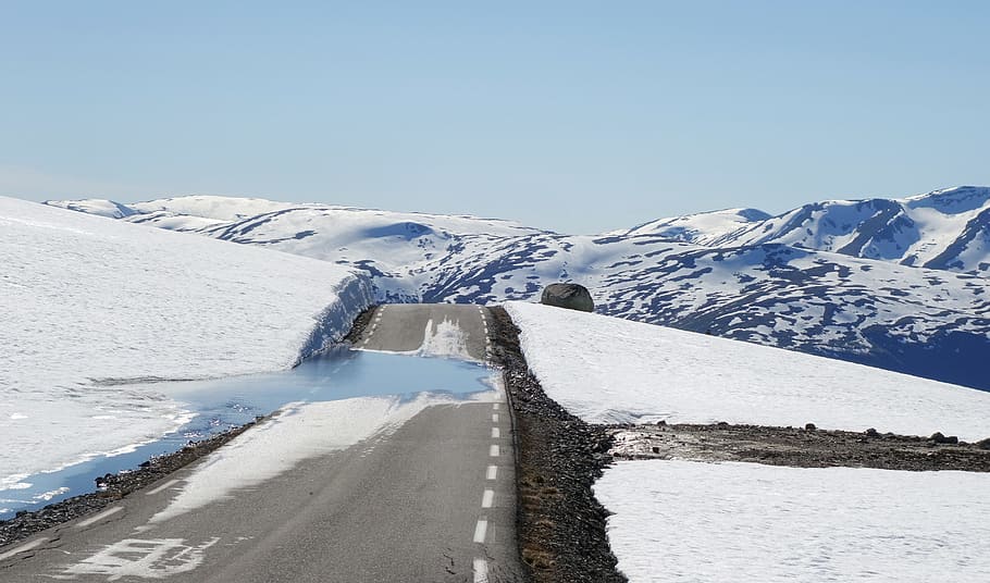 norway, mountains, road, snow, winter, cold temperature, sky HD wallpaper