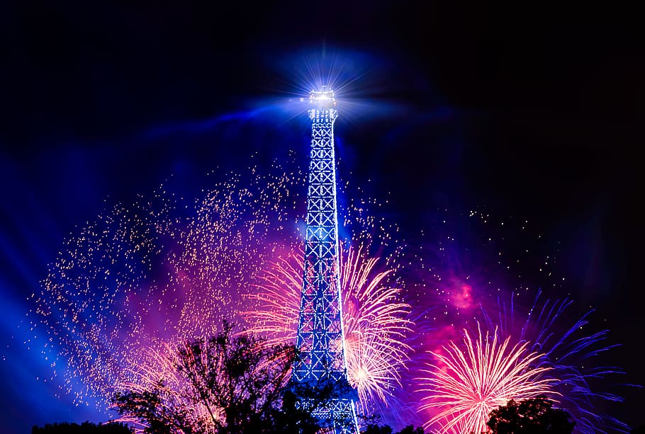 photo of eiffel tower with fireworks background, fireworks show HD wallpaper