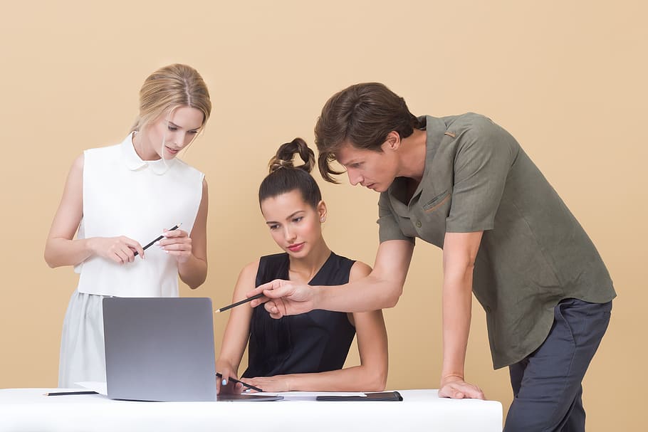 Two Woman and One Man Looking at the Laptop, adults, collaborate HD wallpaper
