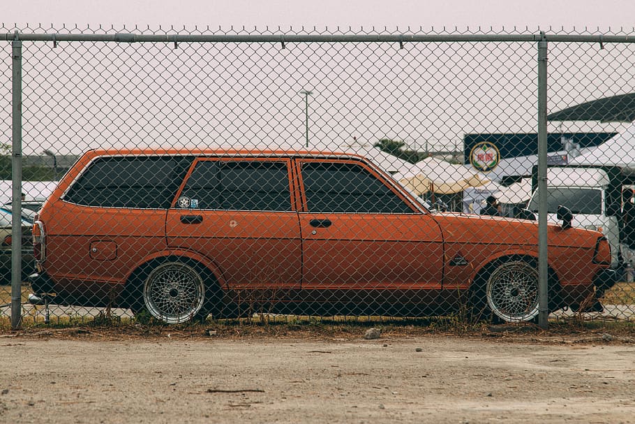 orange station wagon under white clouds, sedan, vehicle, automobile HD wallpaper