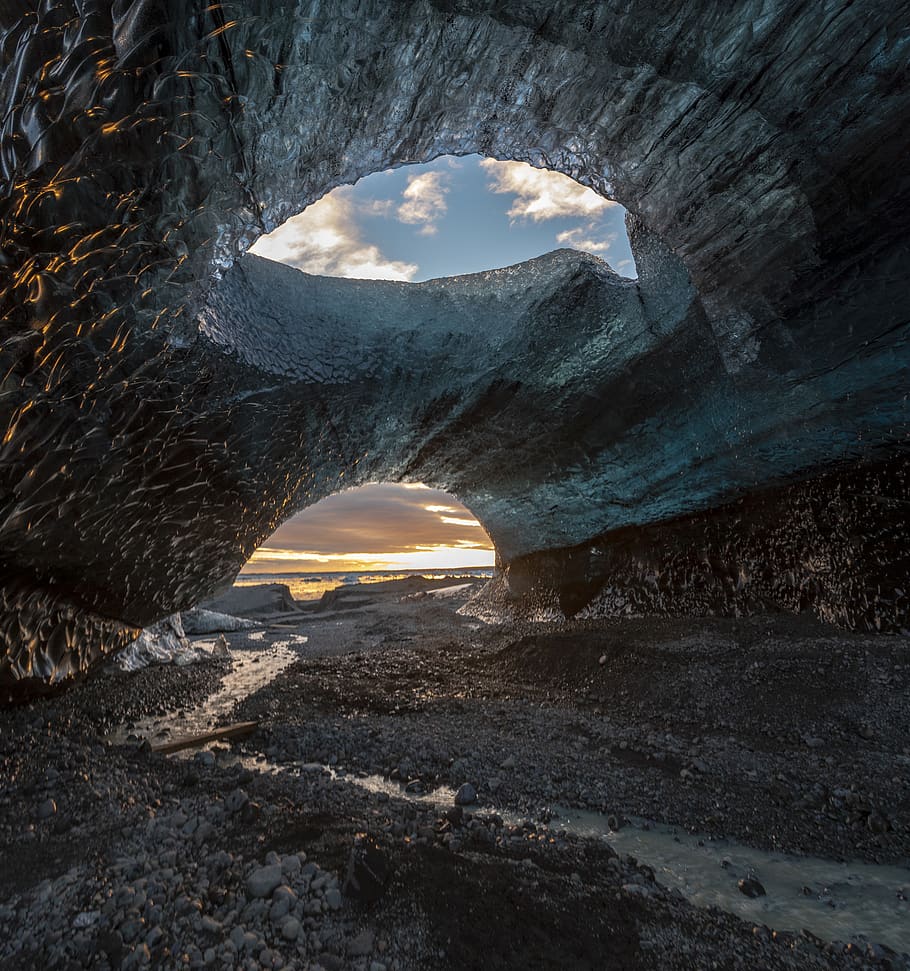 gray stone cave during golden hour, rock, nature, solid, sky HD wallpaper