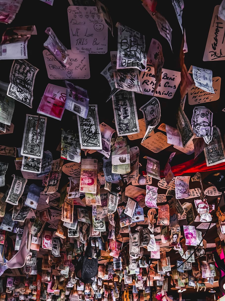 banknotes on ceiling, collage, poster, bruges, belgium, accessories HD wallpaper