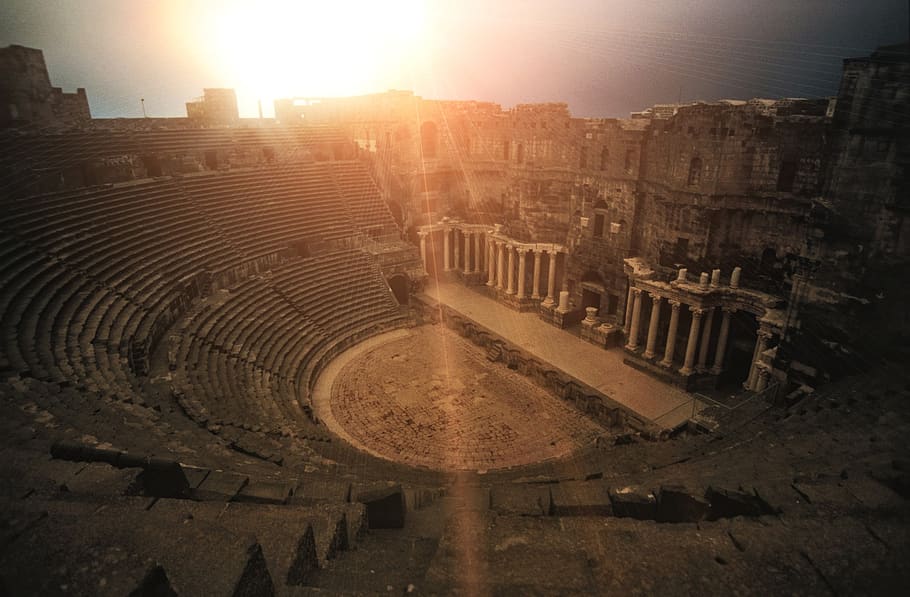 roman theatre, bosra, syria, amphitheater, rondelle, sunset, HD wallpaper