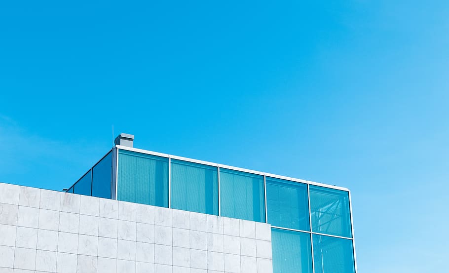 blue glass building, office building, architecture, banister HD wallpaper